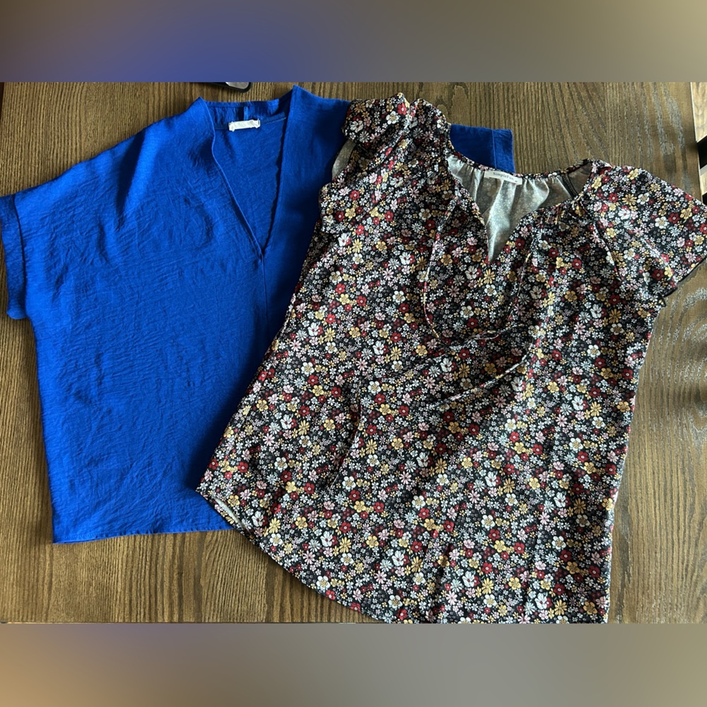 Floral Print Blouse and Blue Top Set